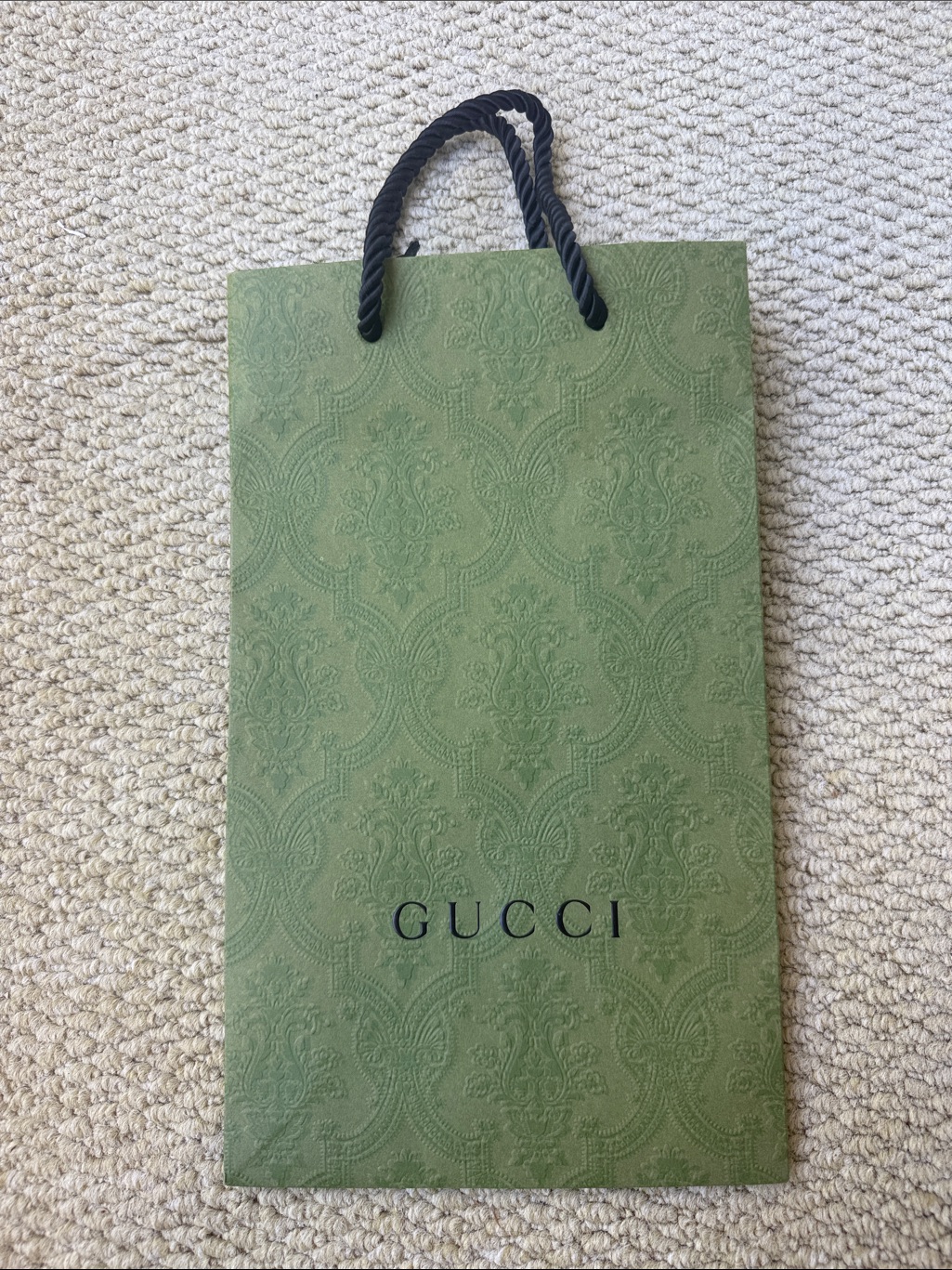 Gucci Paper Shopping Gift Bag Tote Green Damask Print Embossed